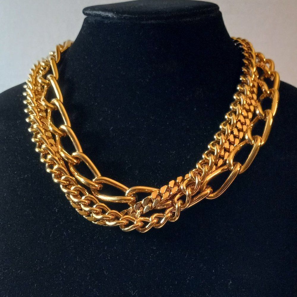 Da Vinci Gold Tone Three Strand Metal Tag Necklace Granny Chic